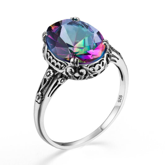 925 silver inlaid 6CT Opal ring, pure silver ring, ladies' floral Edward vintage gold and silver silk engagement and wedding ring